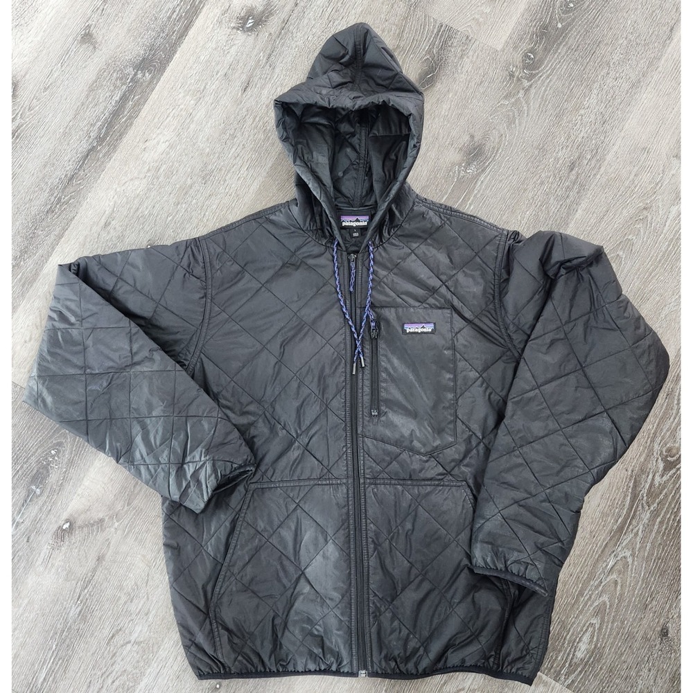 Patagonia Mens Diamond Quilted Bomber Hoody Black Full Zip Jacket Large